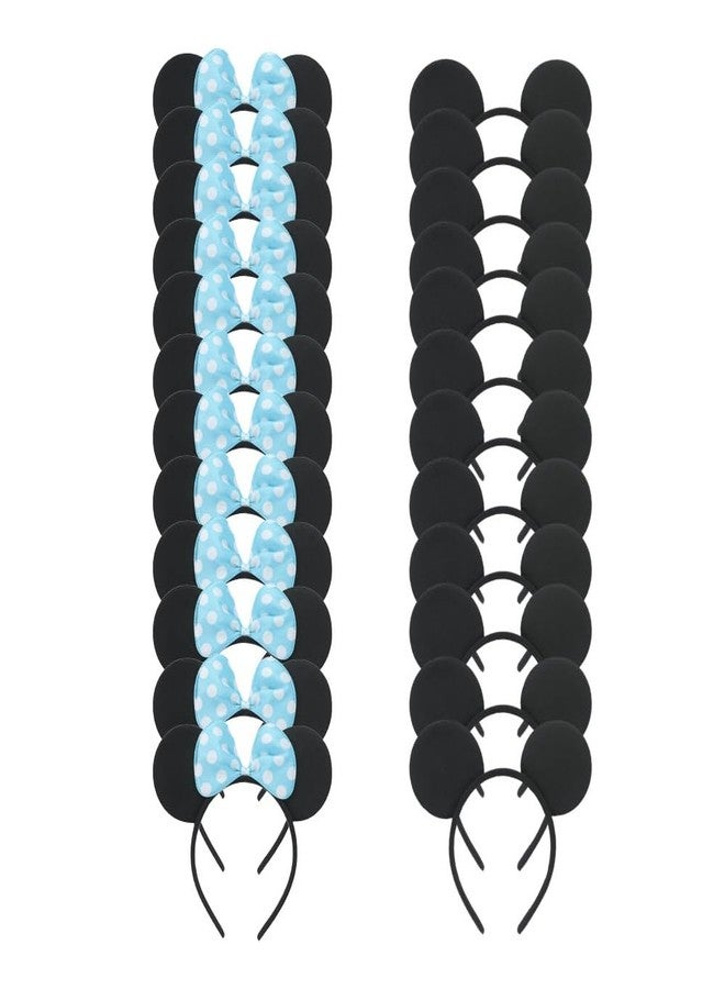 winvin Set of 24 Mouse Costume Deluxe Fabric Ears Headband White Polka Dots Bow Boys Girls Birthday Party Hairs Accessories Baby Shower Headwear Halloween Party Favors Decorations (Blue) - Image 1